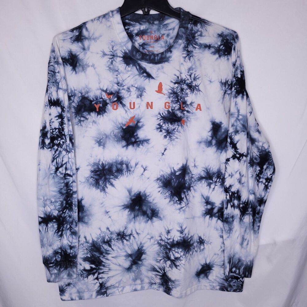 Youngla T Shirt Mens Large Tie Dye Blue, White Long Sleeve